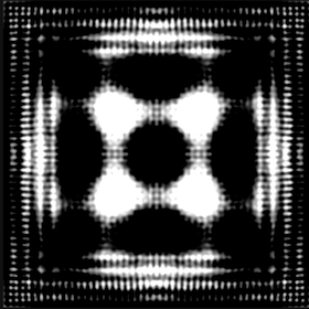 A screenshot showing the Chladni patterns provided by our interface. It shows the waves as black and white gradients emanating from the center of the surface and then reflecting off the edges of the square surface.
