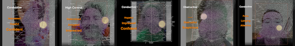 a grid of washed out faces on a dark background overlaid with Emotion AI predictions and purple and green tints