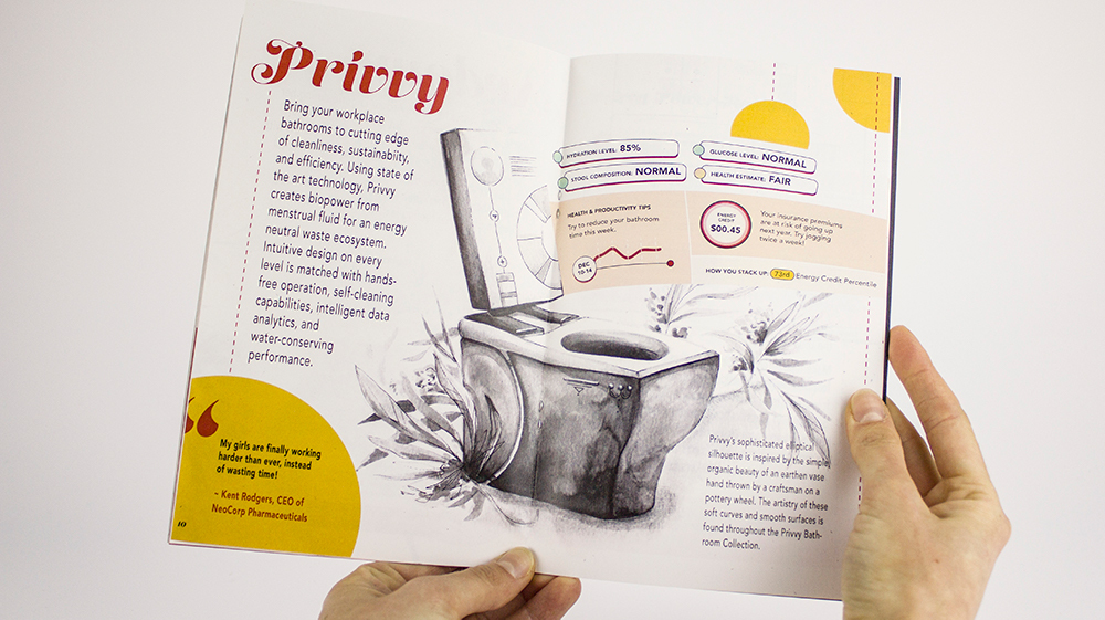 The same pair of hands holds open a different page in the magazine. This page shows a black and white illustration of a toilet. The back seat of the toilet has data visualizations. Decorative leaves sprout around the toilet. The title of the page is Privvy. Some text and UI elements on the magazine page are too small to read.