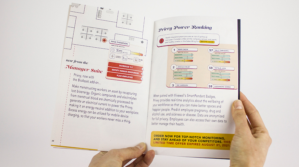 The same pair of hands holds open a different page in the magazine. The pages are titled Manager Suite and Privvy Power Ranking. An office layout is shown and there are different stats shown for different employees.