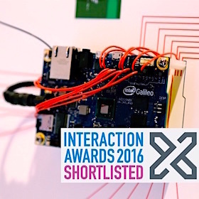 The Intel Galileo microcontroller with a pin in the bottom left showing the award Interaction Awards 2016 Shortlisted.