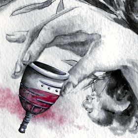 An illustration of a white hand holding a menstrual cup with blood in it and grooves and dots on the outside. The illustration is grayscale except for the red blood.