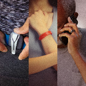 A composite of three self-tracking products: At left, white fingers clip a Spire Stone product into the upper seam of their pants. At middle, a white woman's crossed forearms show her left arm is wearing a red Feel wristband. At right, a black man wears a black Oura ring on his left hand.