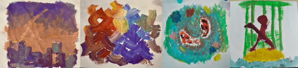 Four paintings. From left to right: Pink and purple sunset over skycscrapers; abstract cross-hatch strokes in red, yellow, purple, and gray; two koi fish in orange and black swimming in blue water; a person on an island of yellow sand with green trees in blue water