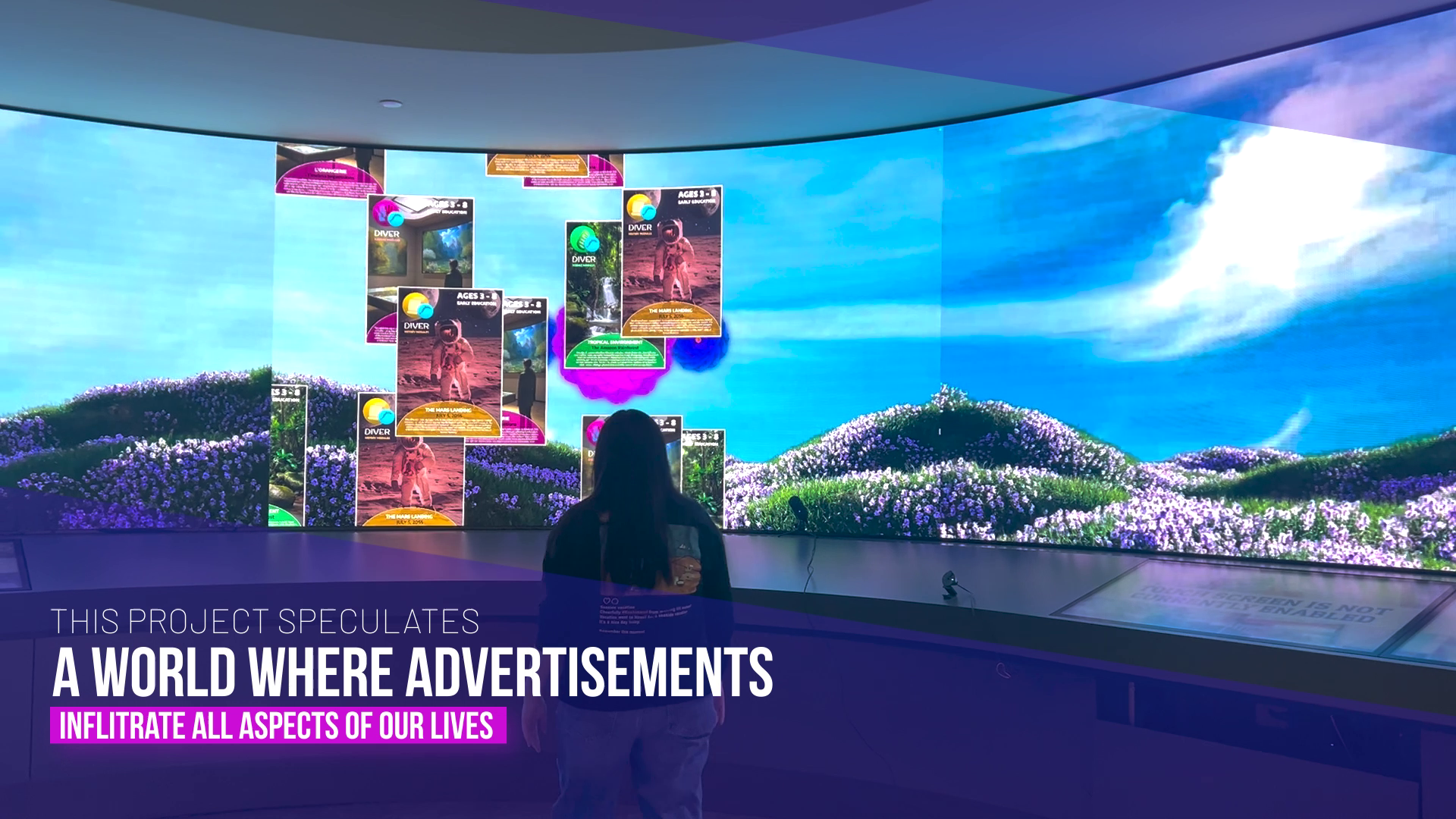 Silhouette figure of a person in front of a wide LED wall showing a field of flowers overlaid with speculative future advertisements
